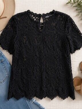 Zara Black Lace Scalloped Boho Blouse Size Small Romantic Cottagecore